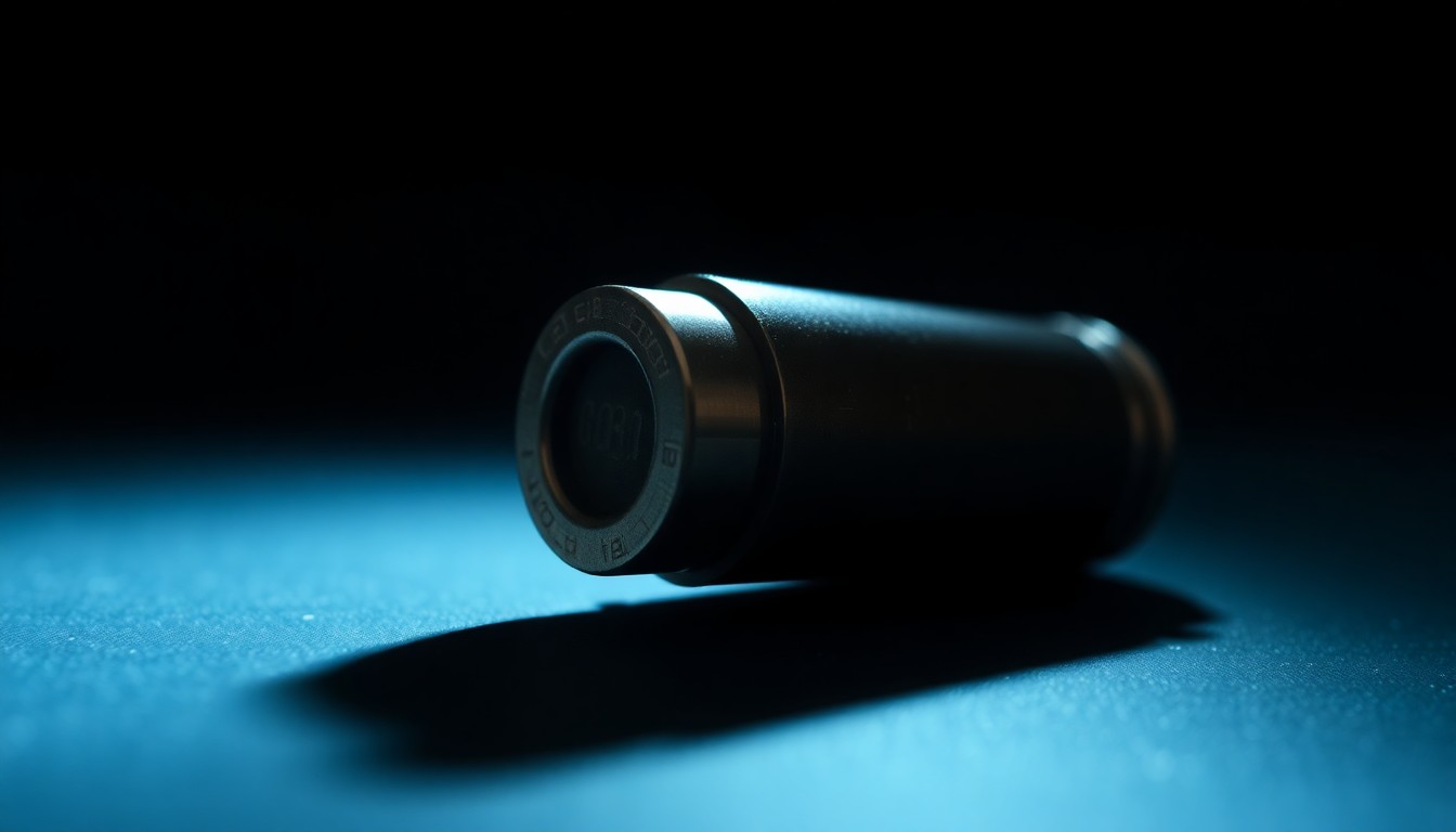 An extreme close-up photograph of a single bullet casing on a pitch-black background, the harsh lighting creating dramatic shadows and textures that conceptually represent the tense investigation into a standoff with an armed suspect.