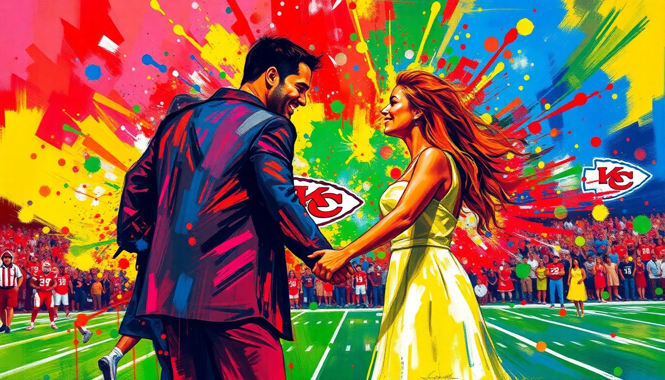 An abstract expressionist painting in neon colors, featuring swirling brushstrokes and fragmented shapes that suggest a couple's engagement celebration, with football elements like the Chiefs' arrowhead logo and a field dissolving into the energetic composition.