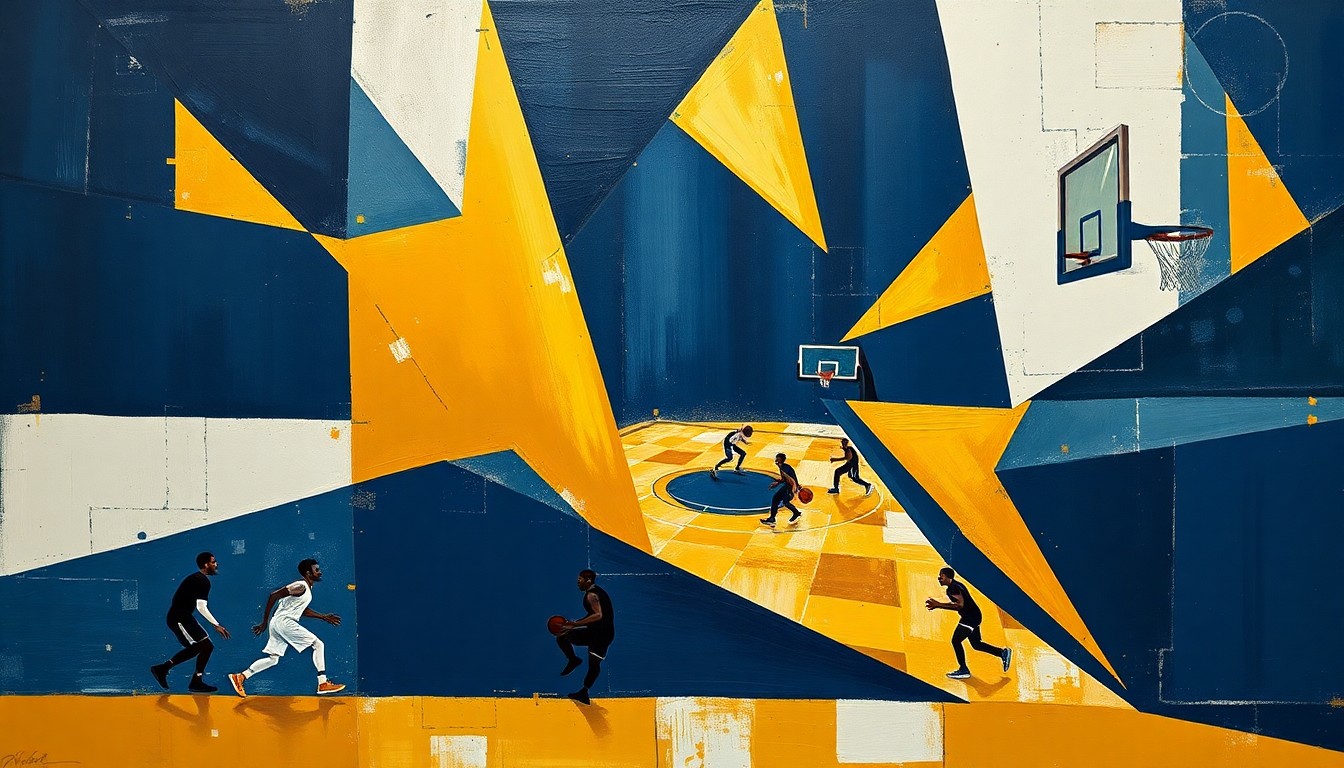A cubist-style painting featuring overlapping geometric shapes and planes in navy blue, gold, and white, conceptually representing the fragmented and multifaceted nature of a college basketball player's career.