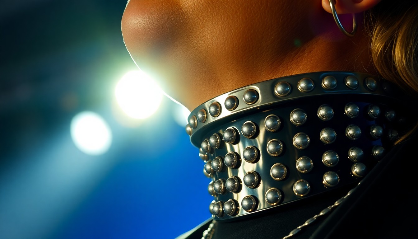 An extreme macro photograph of a metallic, reflective neck brace, capturing the high-contrast lighting and glamorous texture to conceptually represent the resilience of an iconic country music star.
