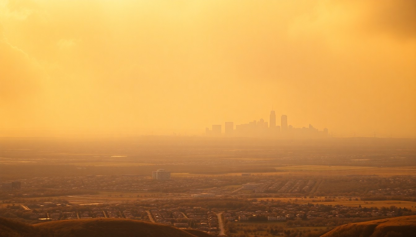 A vast, atmospheric landscape painting depicting the Denver skyline shrouded in a hazy, golden-toned environment, conveying the sense of the region's vulnerability to the ongoing drought.