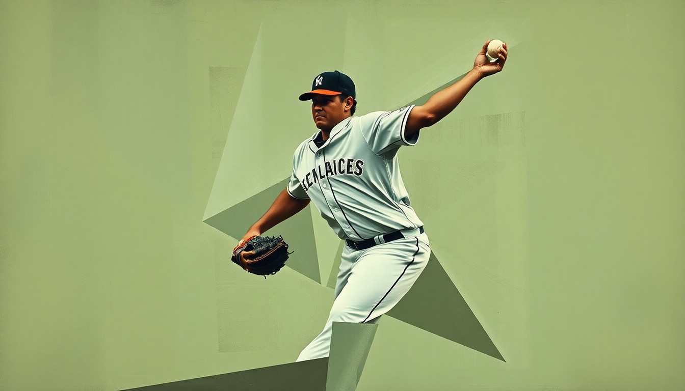 A fragmented, geometric painting depicting the motion of a baseball pitcher's throwing arm, with overlapping planes of muted earth tones.