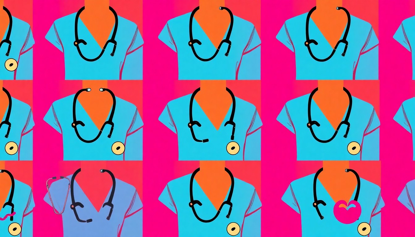 A vibrant, high-contrast silkscreen print featuring a repeated pattern of a single nursing object, such as a stethoscope or scrubs, in a bold, neon color palette that captures the energetic spirit of the Nursing Boot Camp event.