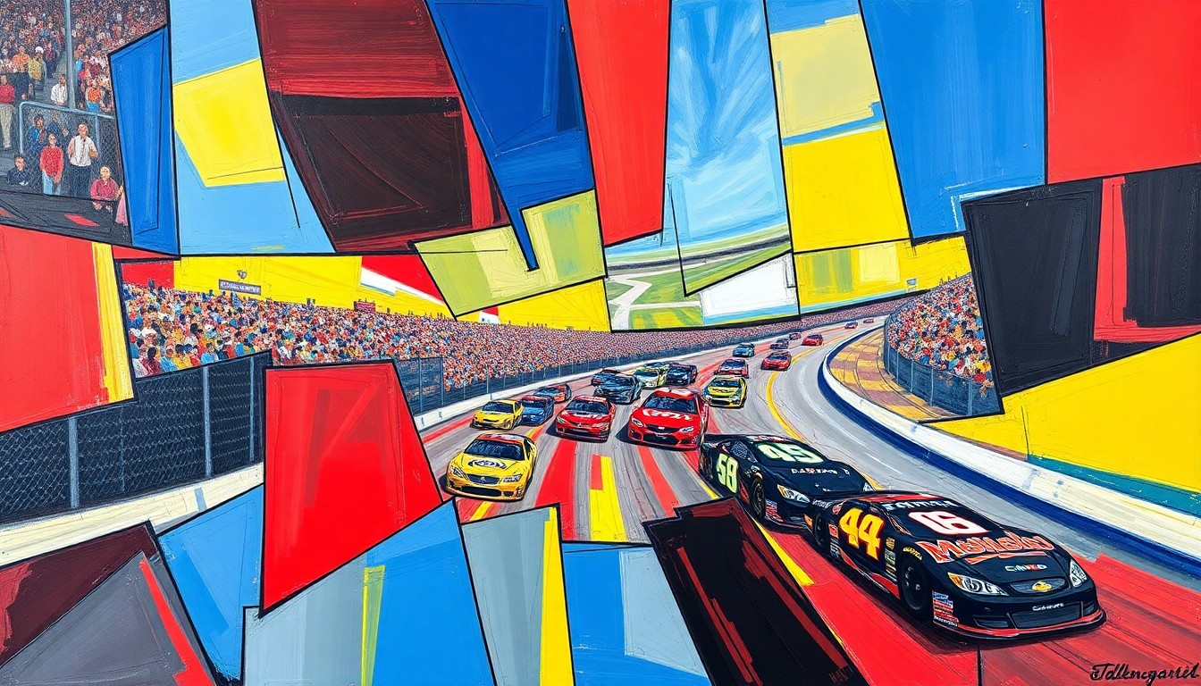 A fractured, cubist-style painting depicting a NASCAR race at Talladega Superspeedway, with the cars and track broken down into sharp, overlapping geometric shapes and planes of vibrant red, blue, and yellow colors, conveying the raw energy and complexity of high-speed stock car racing.