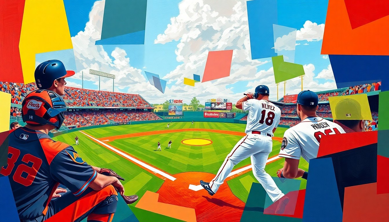 A cubist-style painting depicting a baseball game broken down into overlapping geometric shapes and planes, with the bright colors of the team uniforms creating a dynamic visual representation of the game's action.