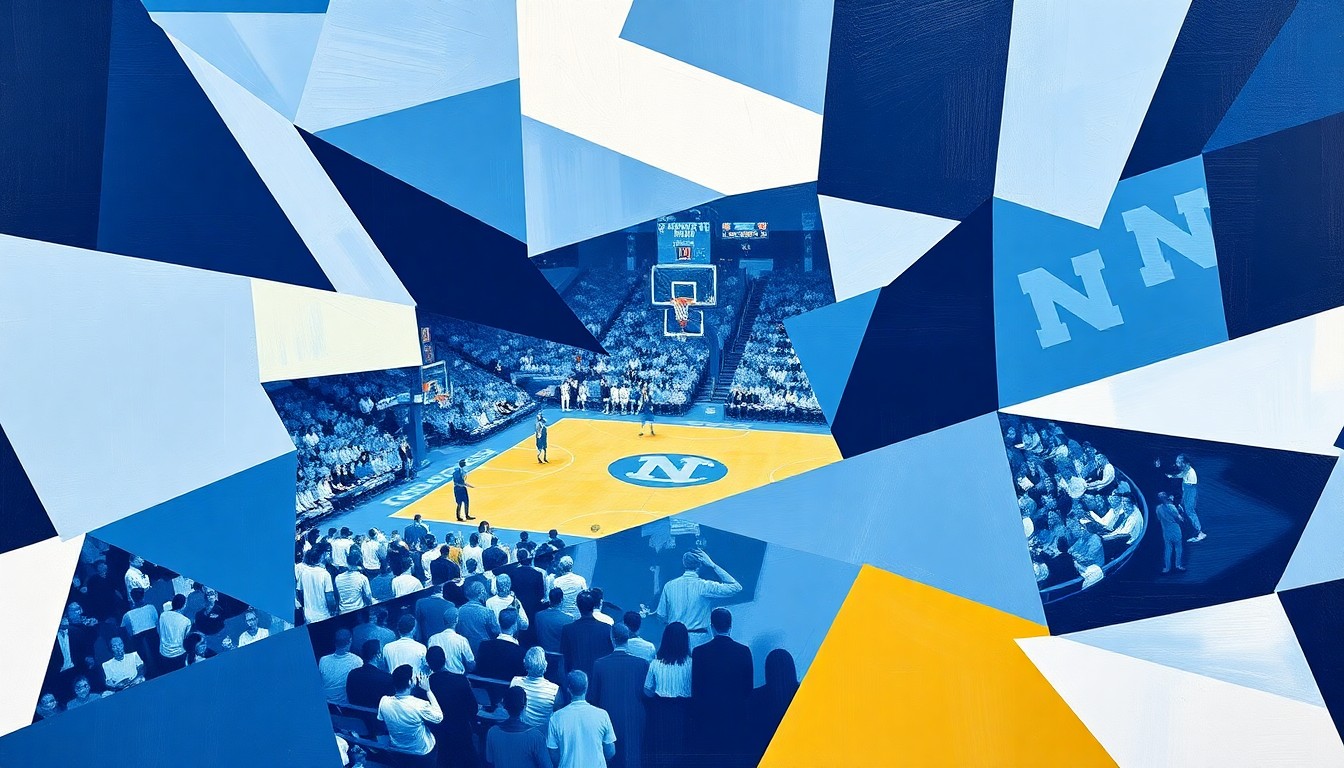 A cubist, geometric painting in shades of light blue, navy blue, and white, depicting fragmented and overlapping shapes that abstractly represent a college basketball game or match, conveying the disruption and uncertainty surrounding the North Carolina program.