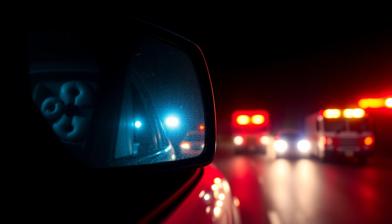An extreme close-up photograph of a damaged police vehicle side mirror reflecting the flashing lights of other emergency vehicles at a crash site, creating a stark, gritty, investigative aesthetic.