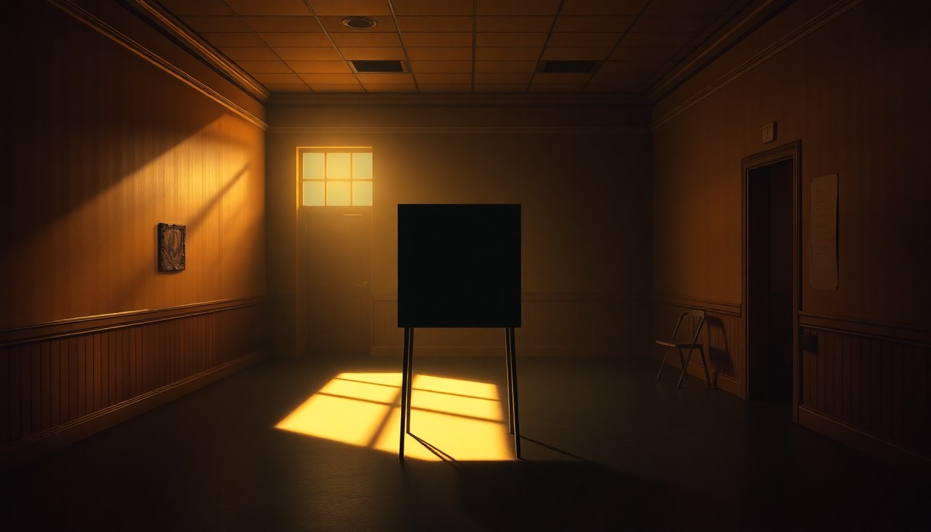 A dimly lit, empty government office with a solitary voting booth bathed in warm, diagonal sunlight and deep shadows, conveying the quiet anticipation of election day.