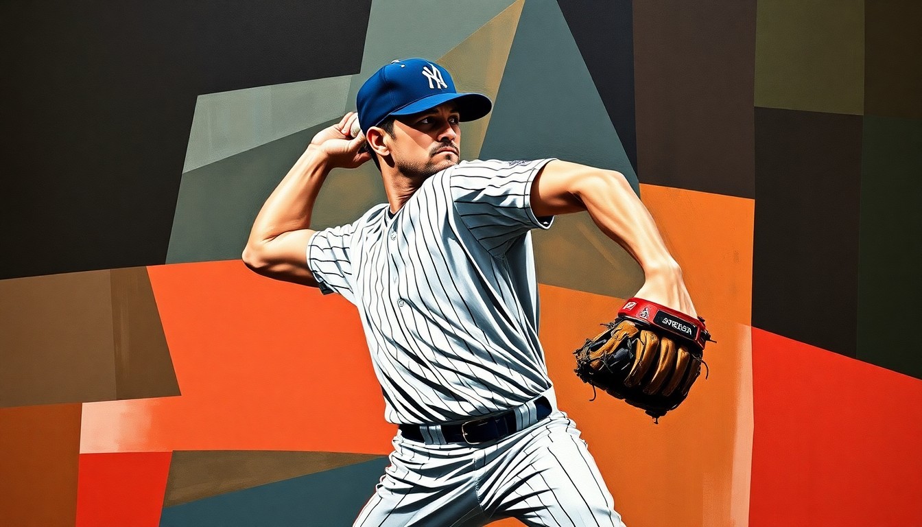 A fragmented, cubist-style painting depicting a baseball pitcher's delivery broken down into sharp, overlapping geometric shapes, with the umpire's arm signaling a balk call emerging from the abstract composition.