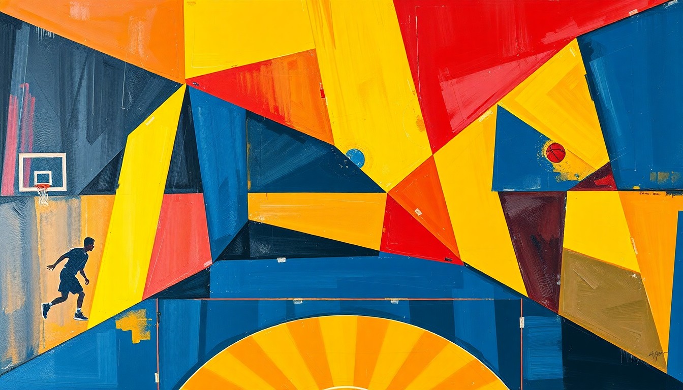 A fragmented, cubist-style painting depicting the action and energy of a girls' basketball game, with sharp geometric shapes in navy, red, and gold representing the sport's intensity and the transition underway for the Saugus High School team.