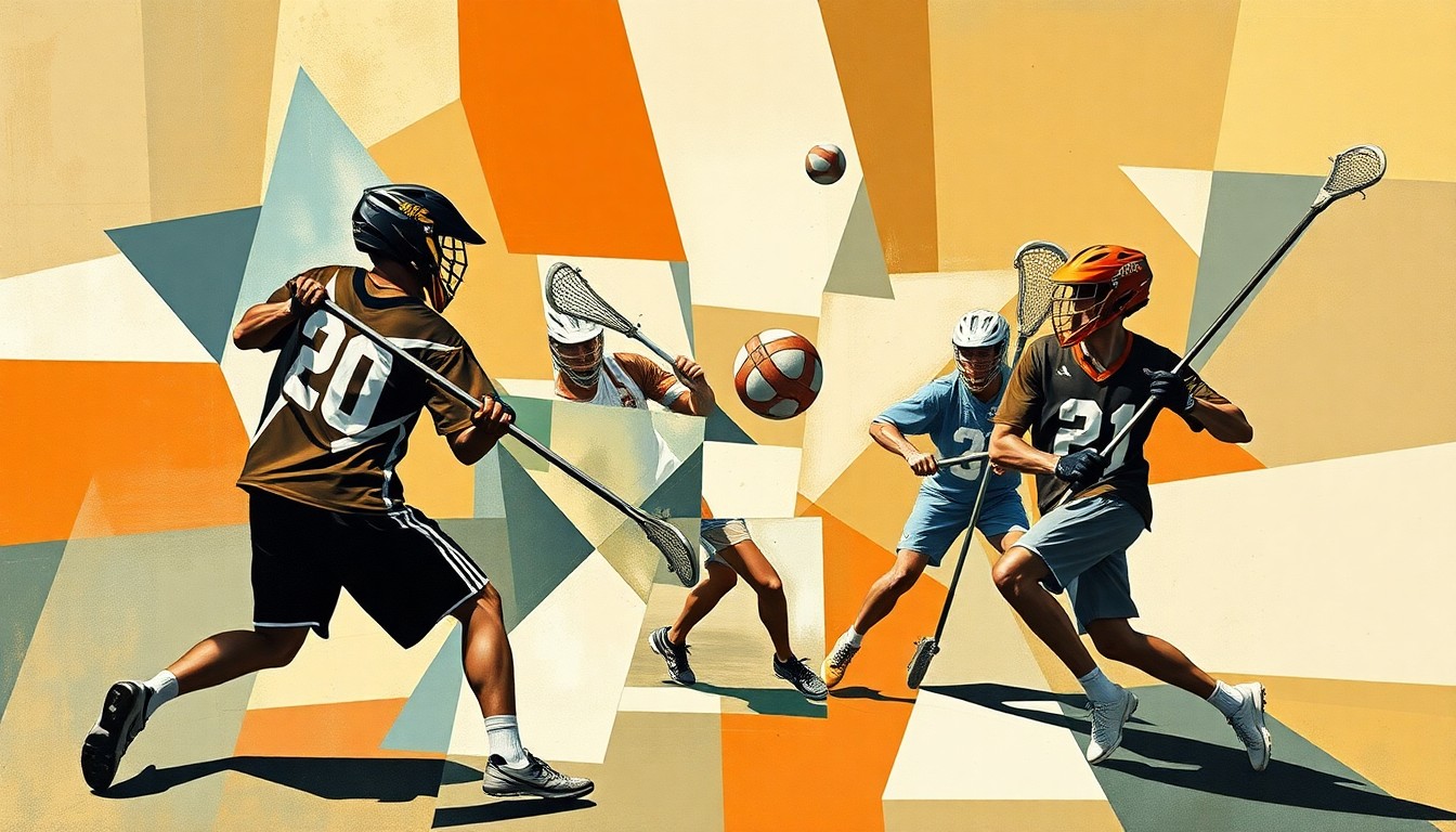 A fractured, cubist-style painting depicting the dynamic movements and action of a men's lacrosse game, with the players and ball broken down into sharp, overlapping geometric shapes and planes.