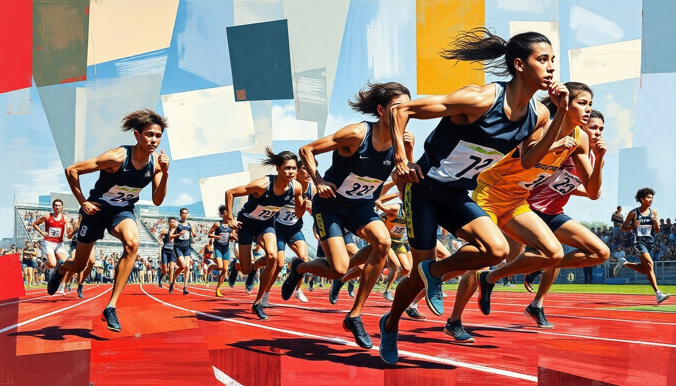 A fractured, geometric painting depicting the dynamic movements and energy of high school track and field athletes in competition, with their bodies and forms broken down into abstract shapes and planes of color.