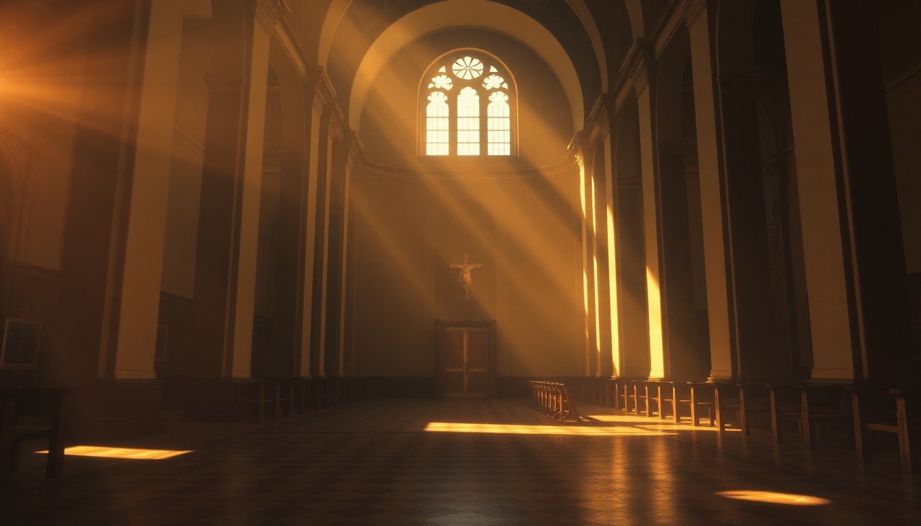 A serene, softly lit interior of a Catholic church, with sunlight streaming through stained glass windows and casting long shadows across the pews, conveying a sense of contemplation and spiritual reflection during a time of political unrest.