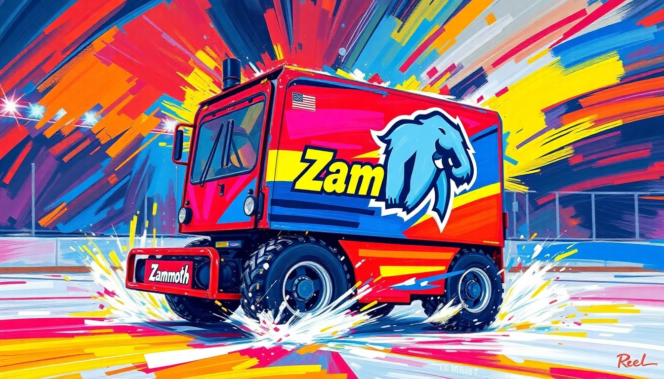 An extreme close-up of a Zamboni ice resurfacing machine rendered in a vibrant, expressionist painting style, with bold brushstrokes and neon colors capturing the dynamic movement and energy of the machine on the hockey rink.