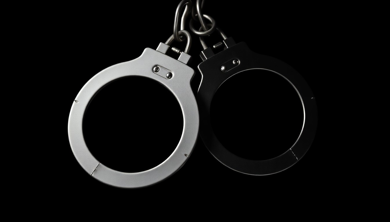 An extreme close-up photograph of a pair of handcuffs against a pitch-black background, lit by a harsh, direct camera flash, conceptually representing the serious nature of the crimes alleged in this case.