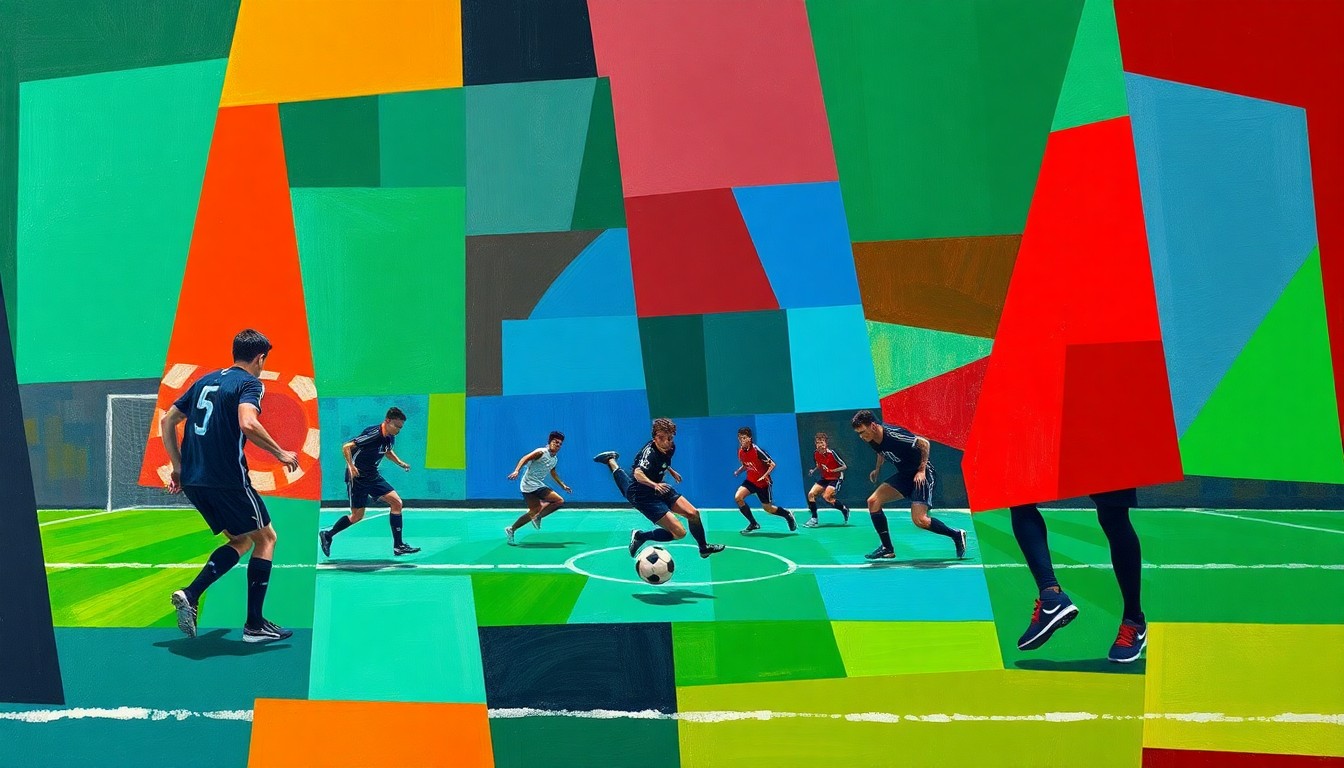 A fractured, geometric painting in vibrant colors depicting the abstract movements and shapes of a high school soccer match or wrestling competition, without any identifiable individuals or text.