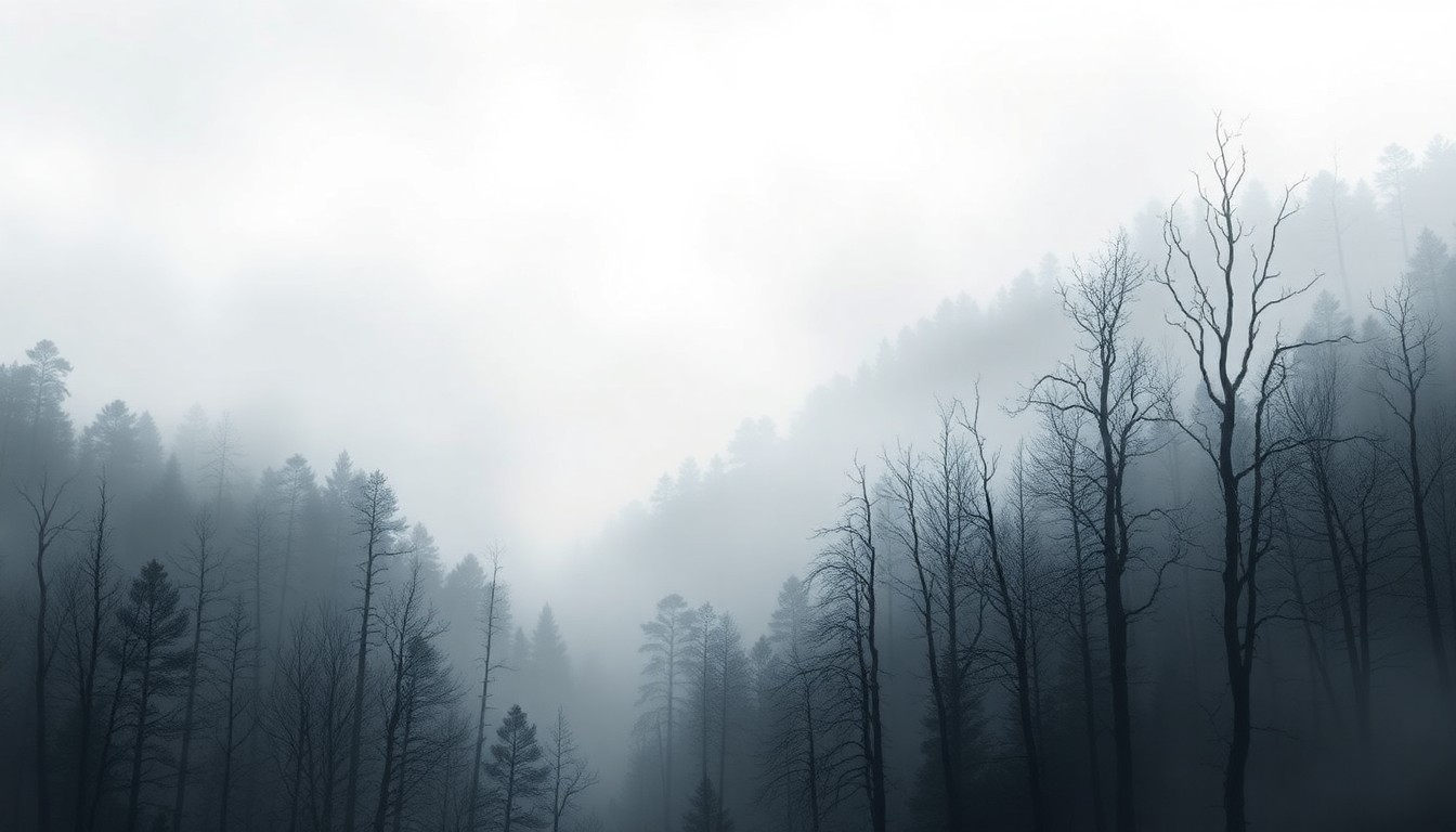 A vast, atmospheric landscape painting in muted tones, with the silhouettes of bare, dying trees emerging from a heavy fog, conveying the melancholic mood of the environmental crisis.