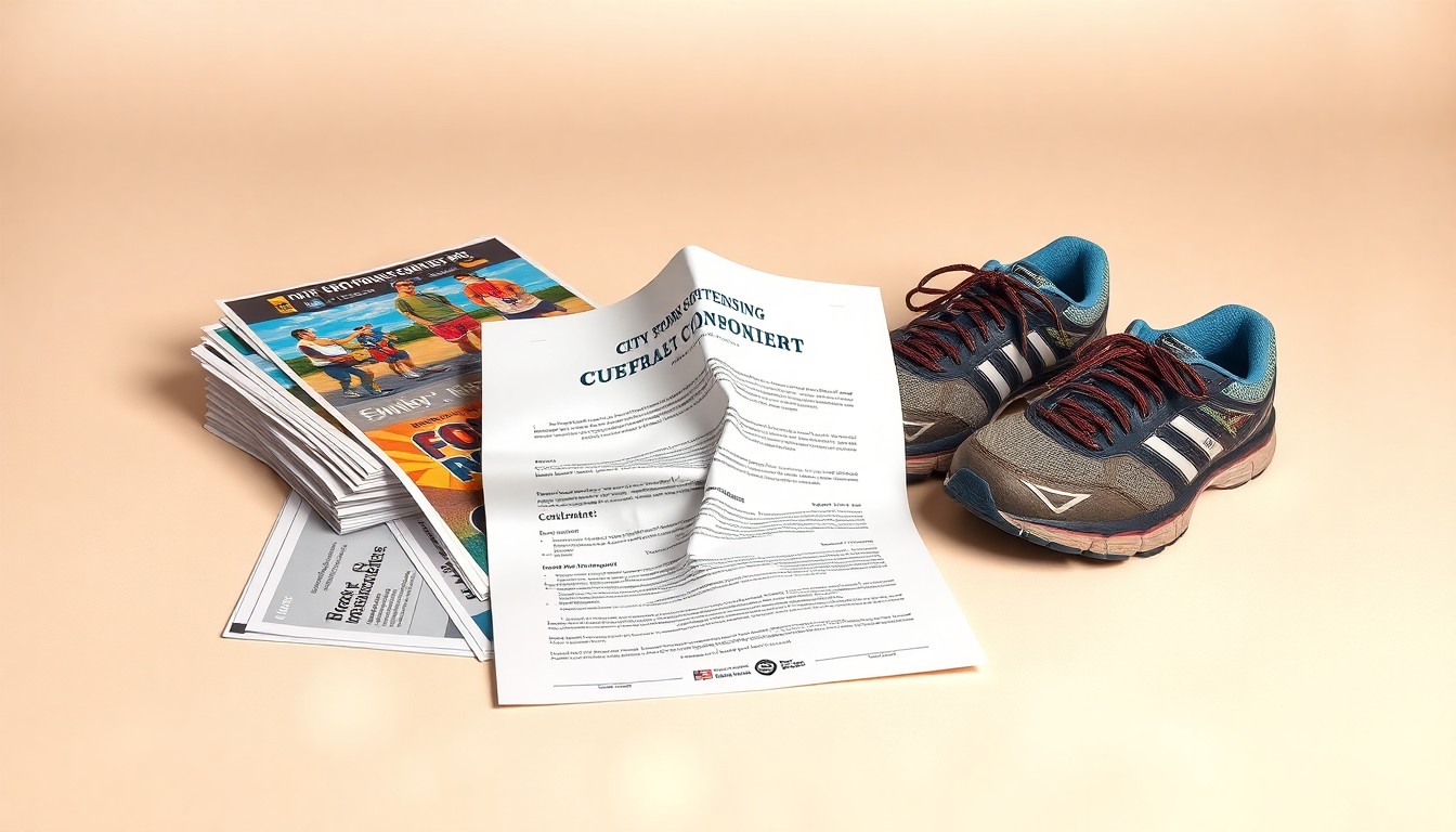 A photorealistic studio still life featuring a stack of colorful event flyers, a crumpled city event sponsorship contract, and a pair of worn-out running shoes, symbolizing the impact of sponsorship cuts on local festivals and races.