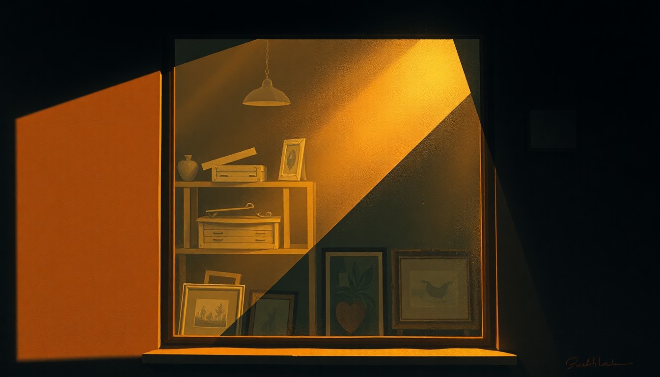 A dimly lit storefront window display of various secondhand goods, reflected in the glass by the warm glow of the afternoon sun, creating a sense of nostalgic melancholy.