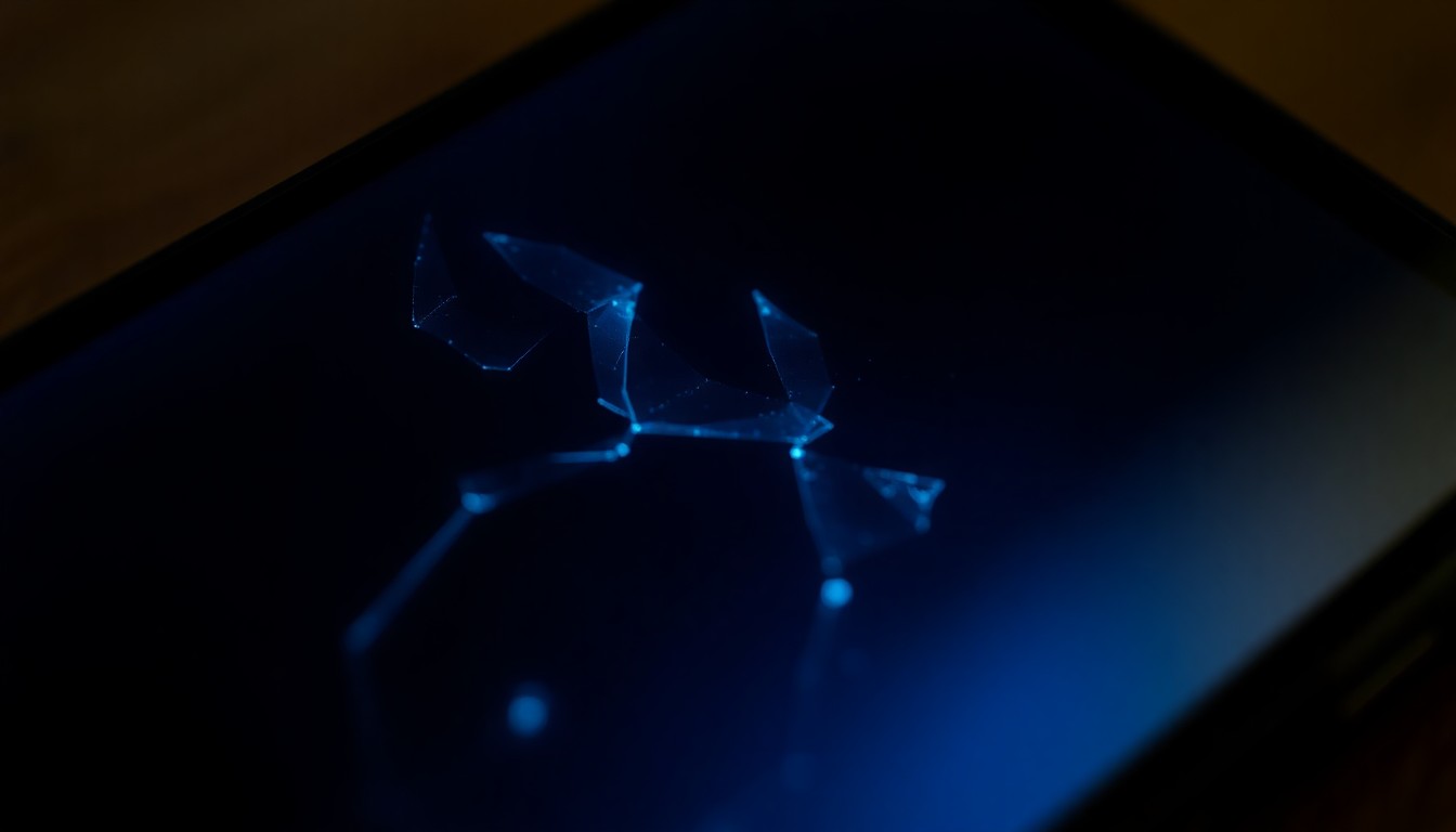 An extreme close-up photograph of a broken mobile phone screen reflecting a faint blue light, conceptually representing the digital evidence recovered in a child exploitation investigation.
