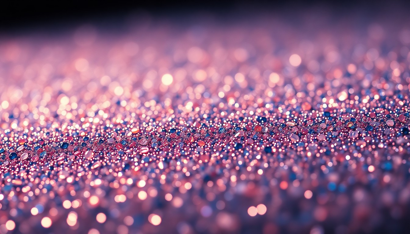 An extreme close-up photograph of a highly reflective, shimmering surface made of metallic and glass materials, capturing the glamorous energy of a live music event.
