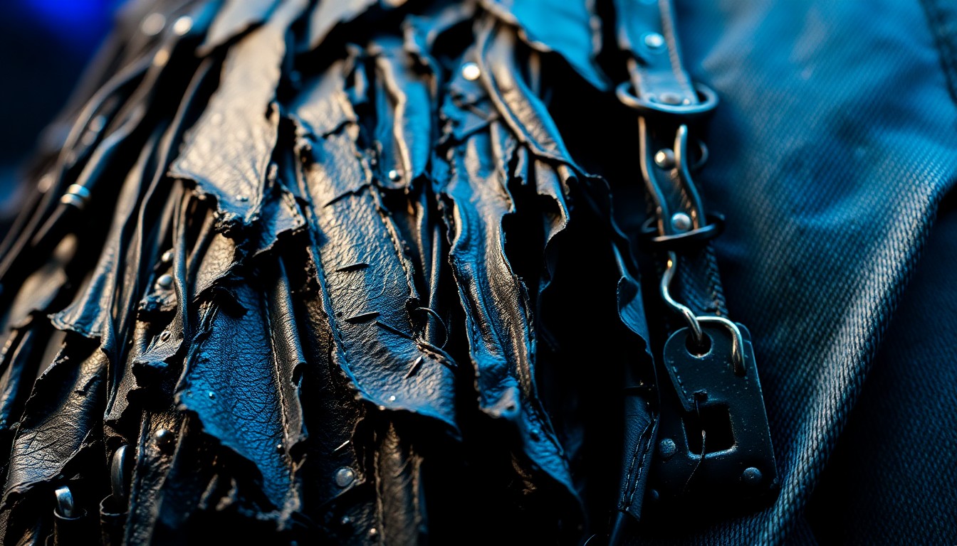 An extreme close-up photograph featuring shredded black leather, glistening chrome metal, and worn denim textures in high-contrast studio lighting, conceptually representing the gritty, high-energy aesthetic of a rock music performance.