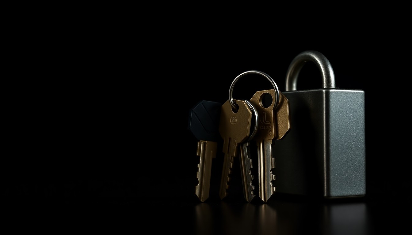 An extreme close-up photograph of a set of house keys and a lock against a pitch-black background, lit by a harsh, direct camera flash, conceptually representing the stability and security provided by a transitional housing program for formerly incarcerated individuals.