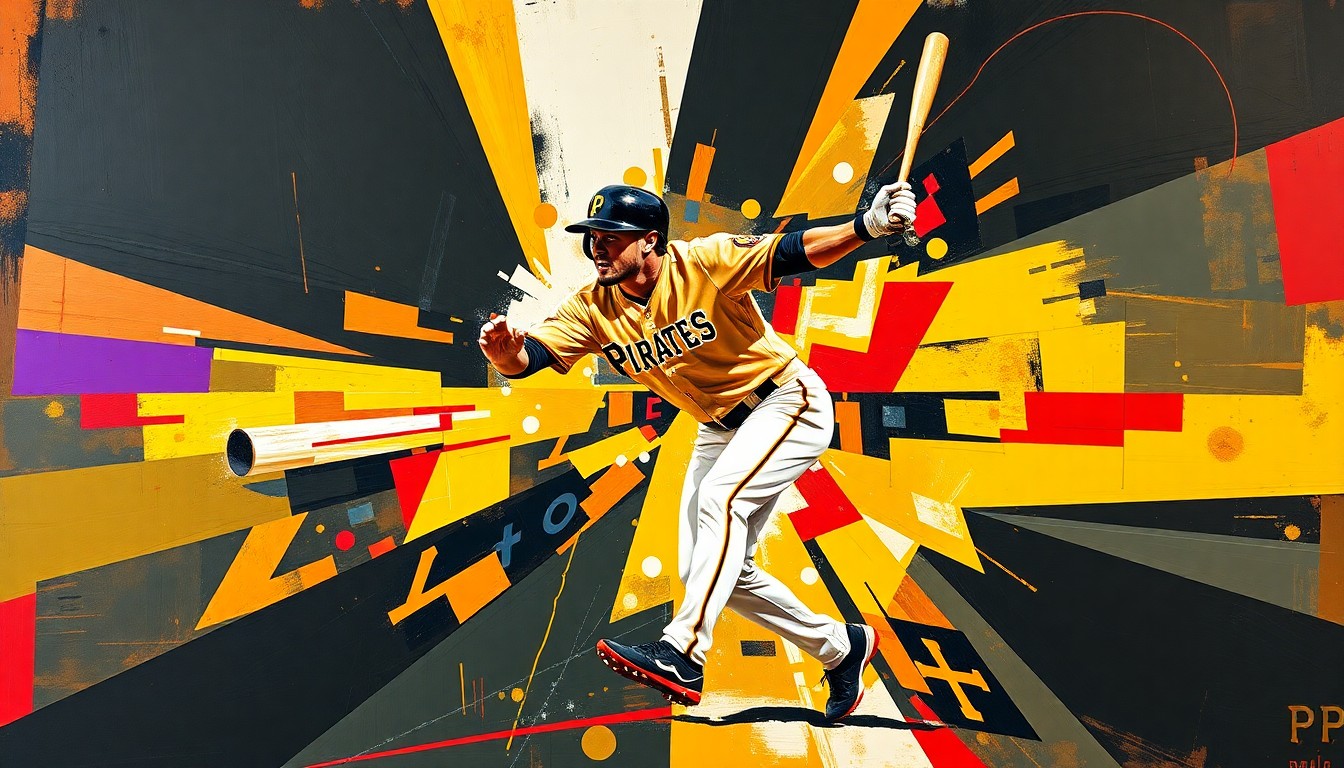 A fractured, cubist-style painting depicting a baseball player's motion, with sharp geometric planes in the Pirates' team colors of black, gold, and red, conveying the energy and dynamism of the sport.