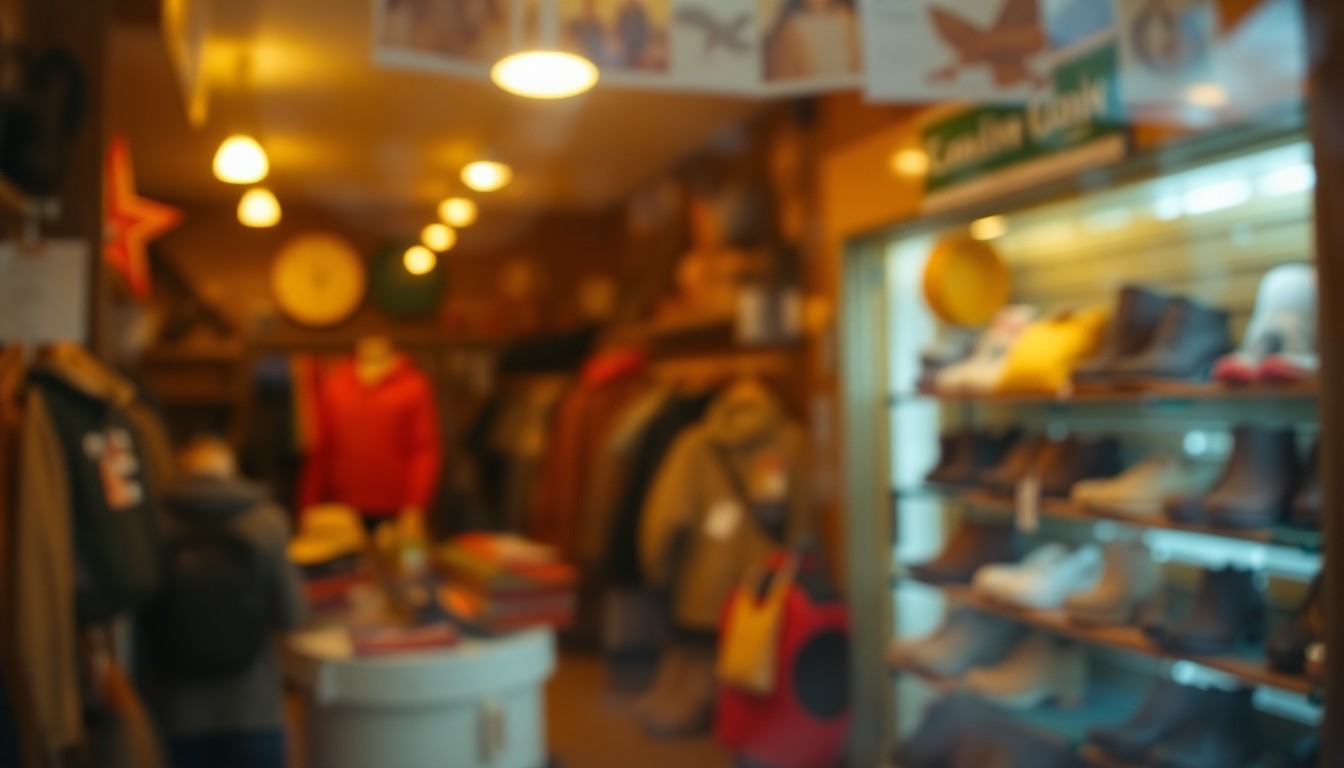 An abstract, impressionistic photograph depicting the warm, inviting interior of a small, locally-owned outdoor gear store, with soft, blurred brushstrokes of color and light conveying a sense of nostalgia and community.