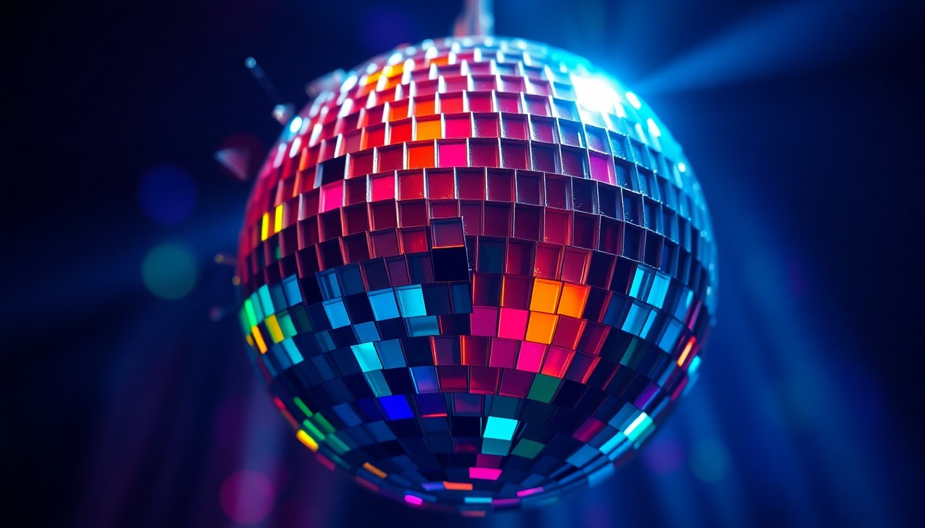 An extreme close-up of a shattered disco ball reflecting a kaleidoscope of colorful lights, conceptually representing the larger-than-life persona of a legendary country singer.