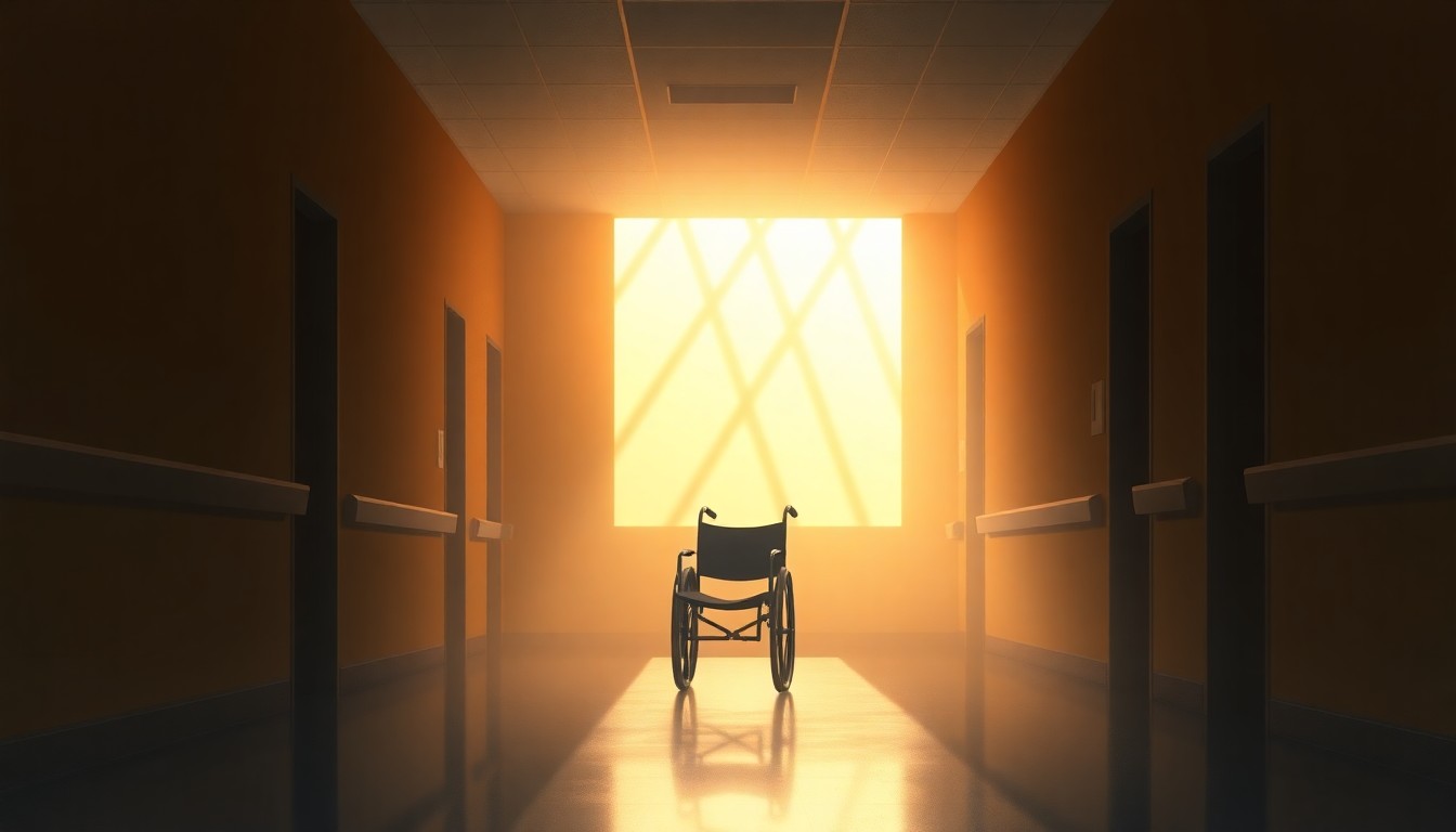 A serene, cinematic painting of an empty hospital hallway with warm lighting and deep shadows, featuring a lone wheelchair in the center, conveying a sense of solitude and the need for more compassionate care.