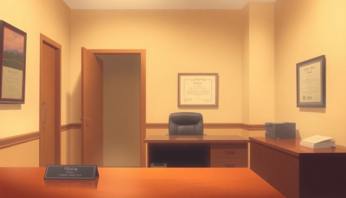 An extremely abstracted, out-of-focus photograph in soft pools of warm color and light, depicting the empty office of a longtime city clerk, conveying a sense of quiet reflection on a life of public service.