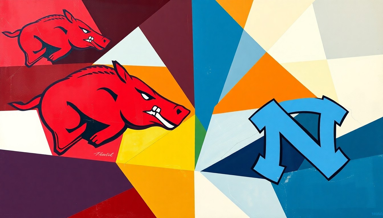 A cubist, geometric painting depicting fragmented elements of a football game or coaching strategy, using the official team colors of Arkansas and North Carolina to represent the two programs involved in the coaching change.