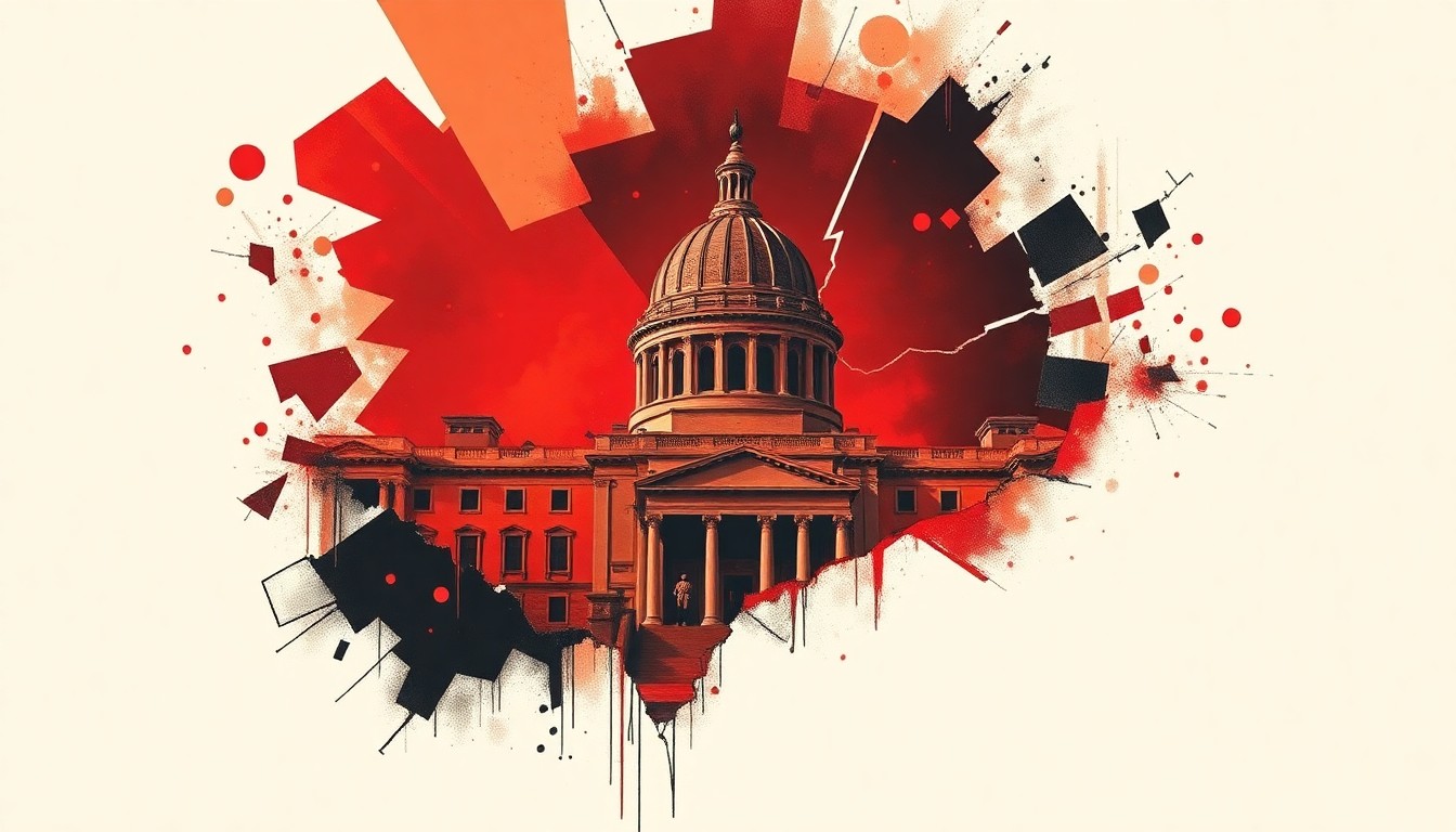 A heavily fragmented, abstract painting in shades of red, orange, and black, depicting a crumbling government building in a chaotic, geometric style that conveys a sense of political instability and unrest.