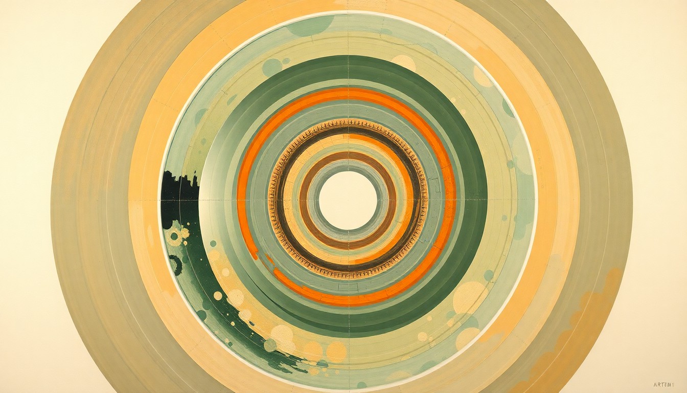A highly structured abstract painting in soft, earthy tones of green, blue, and orange, featuring sweeping geometric arcs, concentric planetary circles, and precise botanical spirals, conceptually representing the complex technical systems and forces involved in the Artemis II mission.