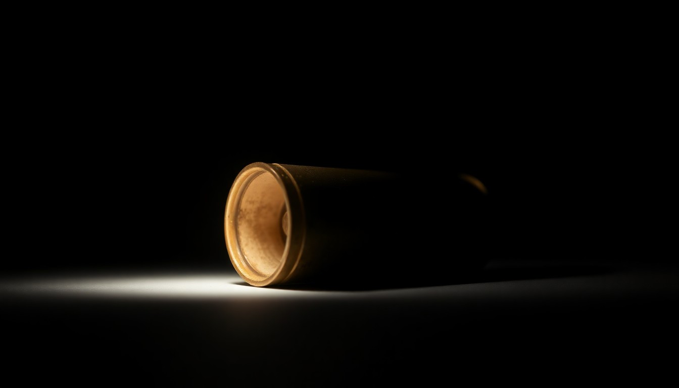 An extreme close-up photograph of a spent shell casing from a handgun, lit by a harsh, direct camera flash against a pitch-black background, conveying a stark, gritty, investigative aesthetic without words.