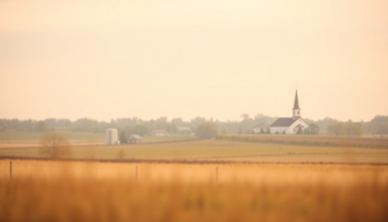An abstract, out-of-focus photograph in warm, muted tones depicting a rural landscape with a small church steeple in the distance, conveying a sense of quiet contemplation and the passing of time in a Midwestern town.