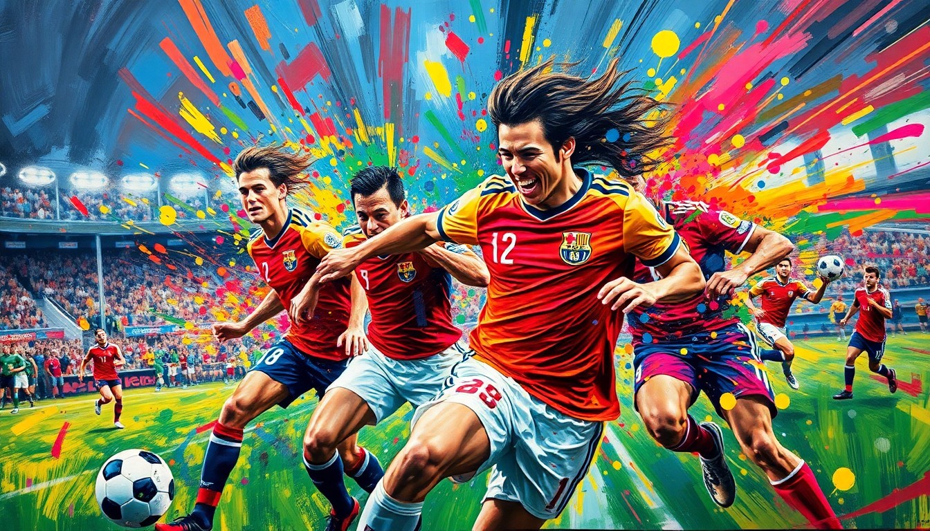 An abstract, expressionist painting in vibrant neon colors, with rapid brushstrokes and blurred figures representing the energy and movement of a soccer match, conveying the emotional farewell between Atletico Madrid's manager and departing striker.