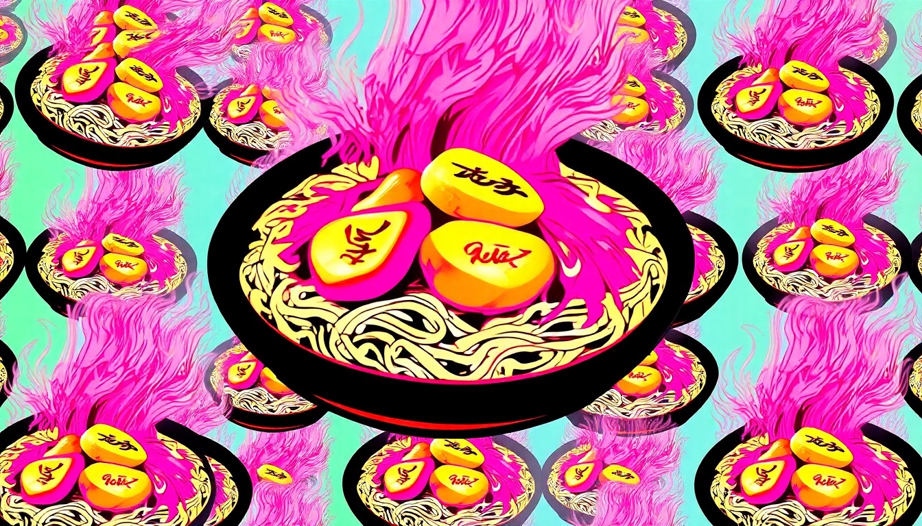 A vibrant, high-contrast silkscreen print depicting a repeating grid of a steaming plate of scallop vermicelli, the signature dish at Four Kings restaurant in San Francisco's Chinatown, conceptually representing the restaurant's blend of traditional Cantonese flavors and global culinary influences.