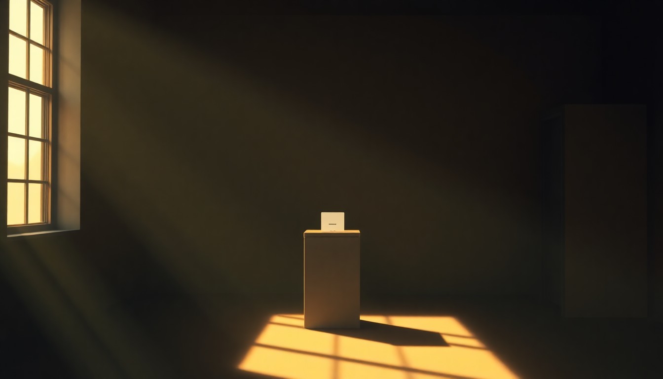 A dimly lit, cinematic painting of a solitary ballot box in a polling station, with warm diagonal sunlight and deep shadows, conceptually representing the dedicated work of local election officials.
