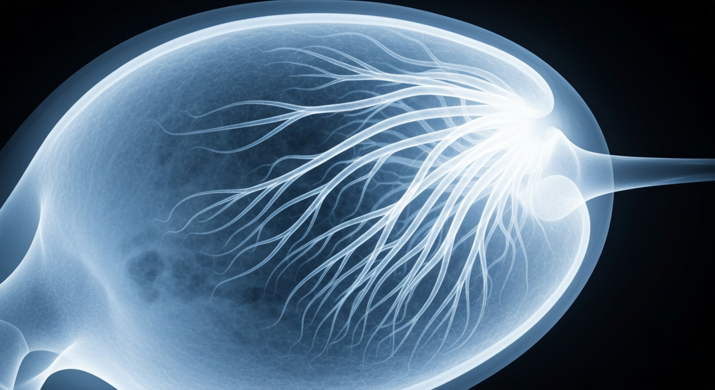 A ghostly, translucent X-ray photograph revealing the intricate internal structure of a human testicle, with glowing blue and gray lines defining the seminiferous tubules where sperm are produced, conceptually illustrating the breakthrough in male contraceptive research.