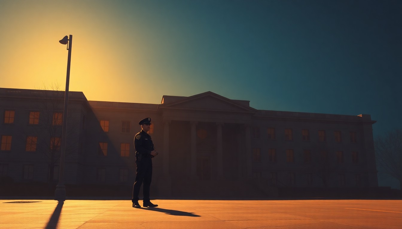 A serene, moody painting of a lone police officer standing guard outside a government building, the scene bathed in warm light and deep shadows, conveying the complex tensions between protesters and authorities.
