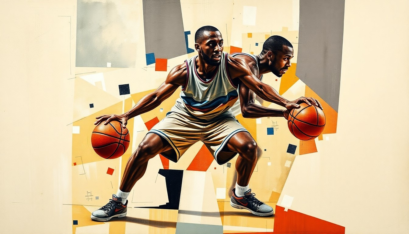 A fragmented, geometric painting depicting a basketball player in a defensive stance, with their body and movements broken down into sharp, overlapping planes of color and shape, conveying the tension and uncertainty surrounding the player's injury.