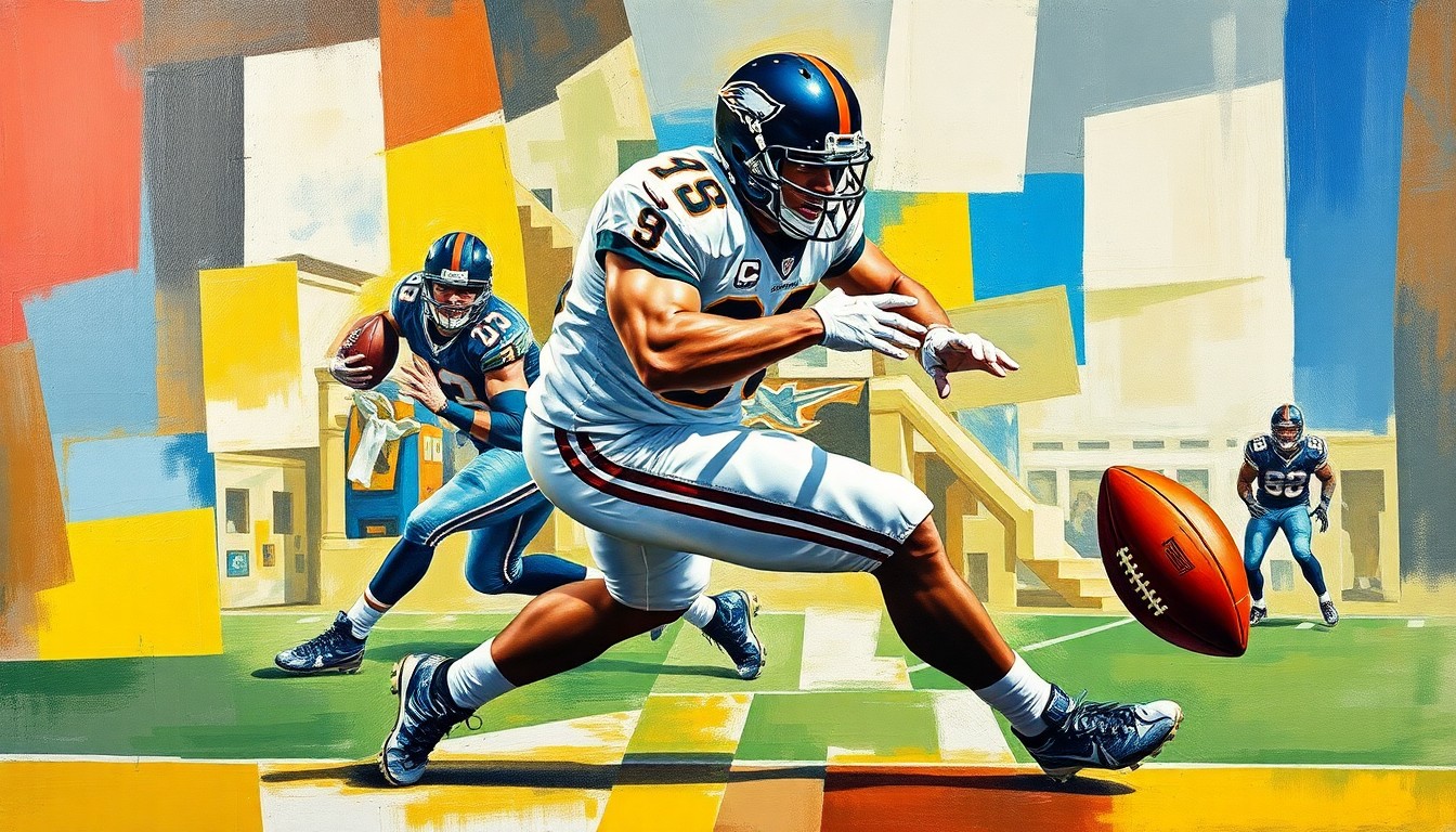 A fragmented, geometric painting depicting the movements and actions of a defensive back making a play on the football, with sharp, overlapping planes of color and form.