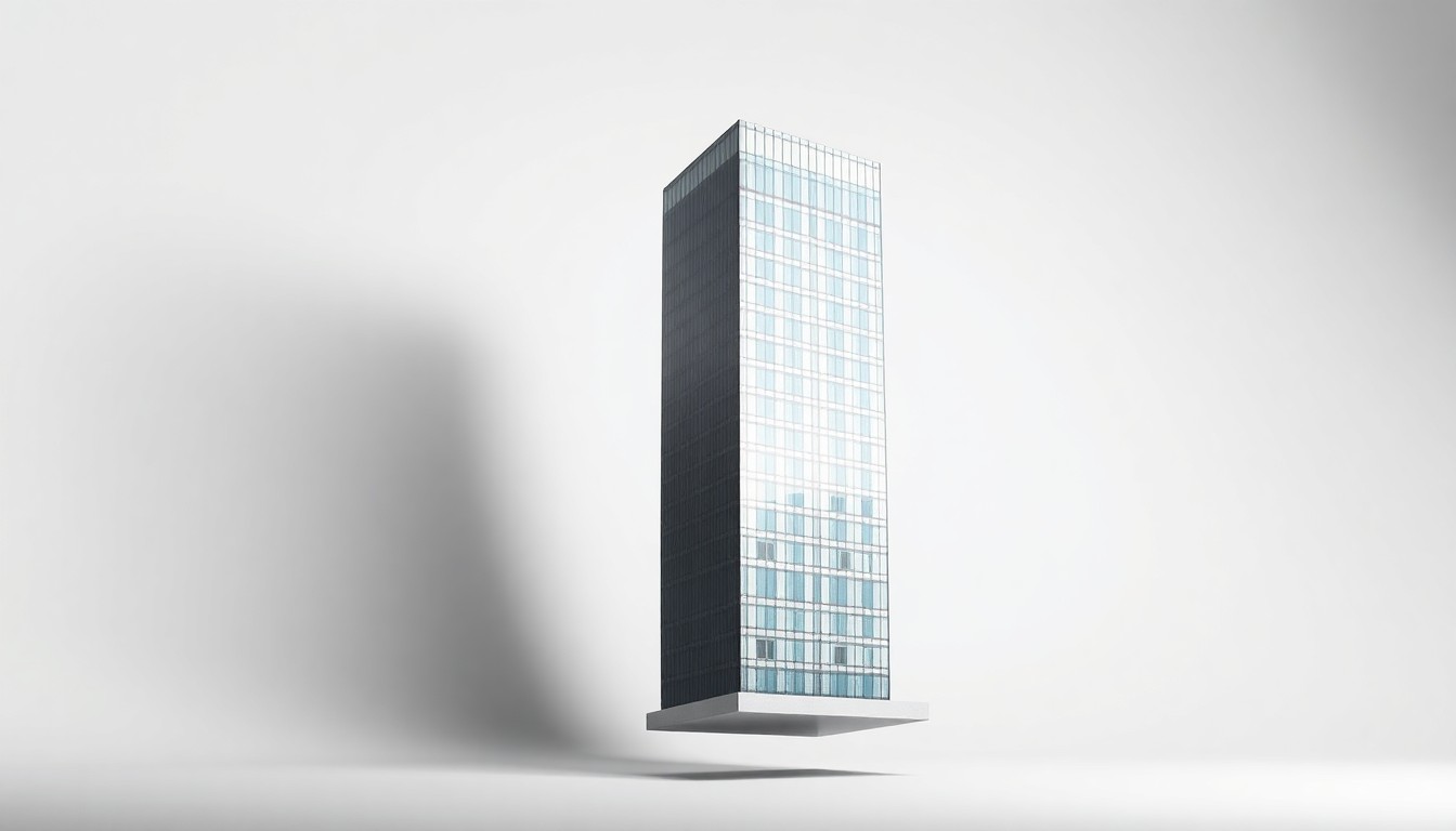 A photorealistic studio still life featuring a polished, geometric model of the Riverview Tower office building, floating elegantly on a clean, monochromatic background with dramatic lighting and deep shadows, conceptually representing the abstract business and real estate dynamics behind the tower's sale.
