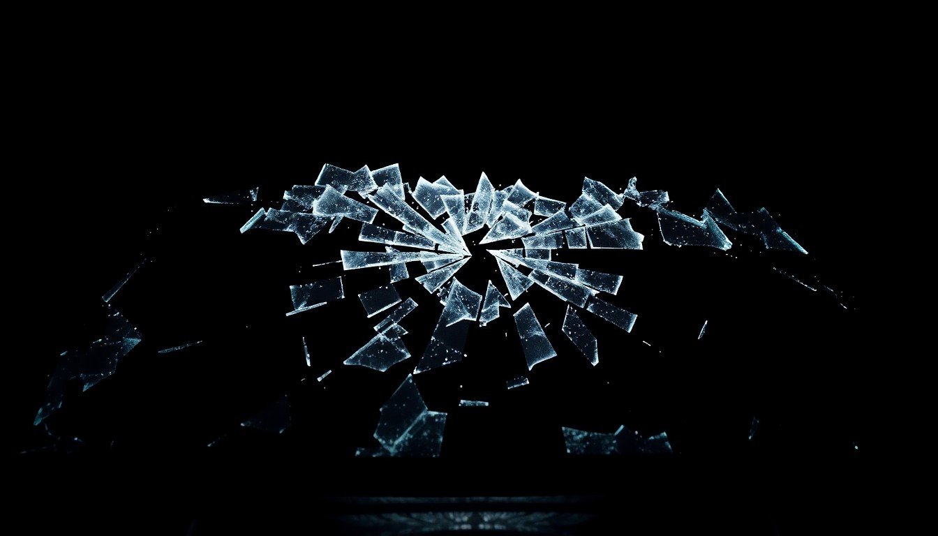 An extreme close-up photograph of a shattered car windshield, the jagged glass fragments conceptually representing the violence of a highway collision.