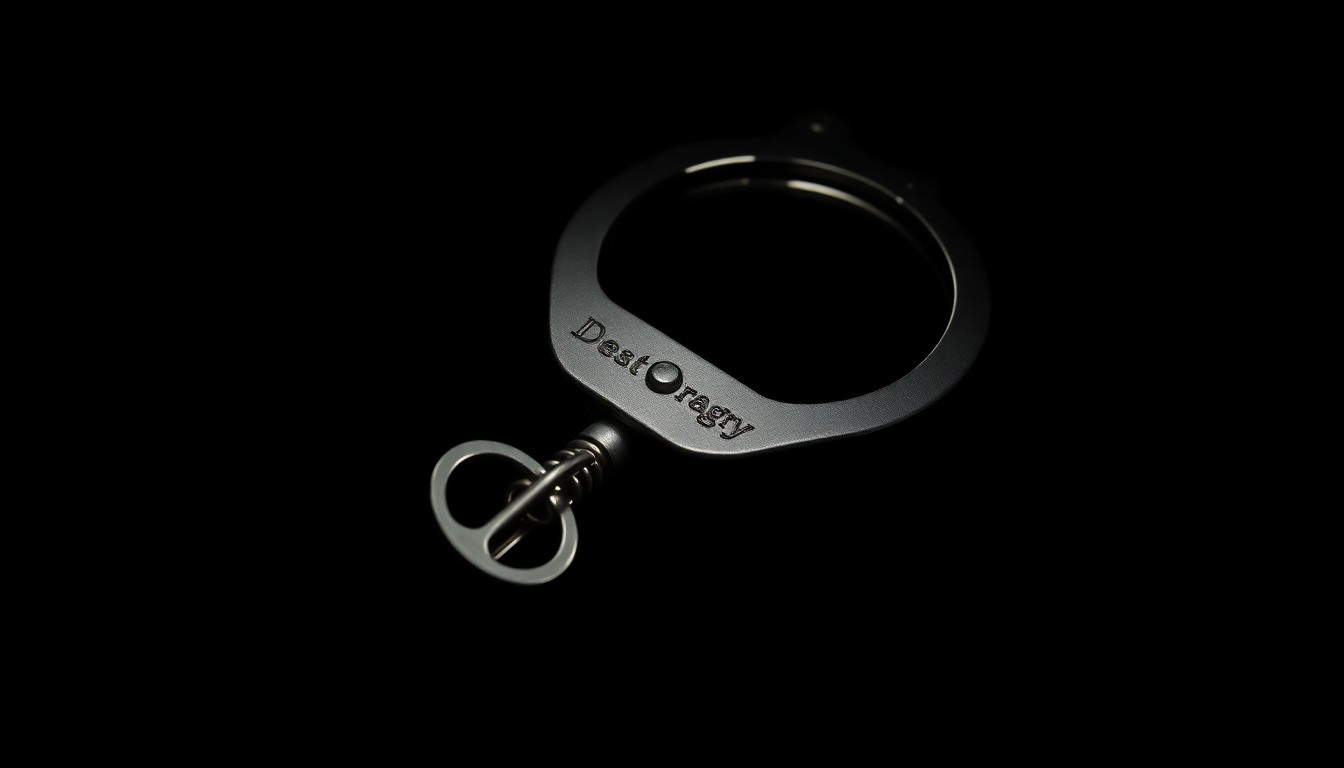 An extreme close-up photograph of a handcuff key on a dark background, lit by a harsh camera flash, conceptually representing the search for a wanted criminal suspect.