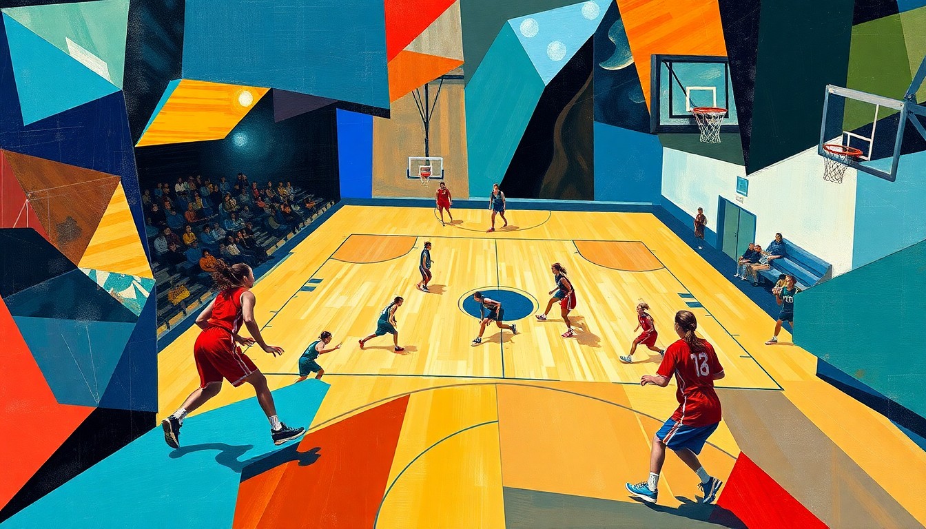 A fragmented, geometric painting depicting a high school girls basketball game, with the players' movements and the court's energy expressed through bold, angular shapes and colors.