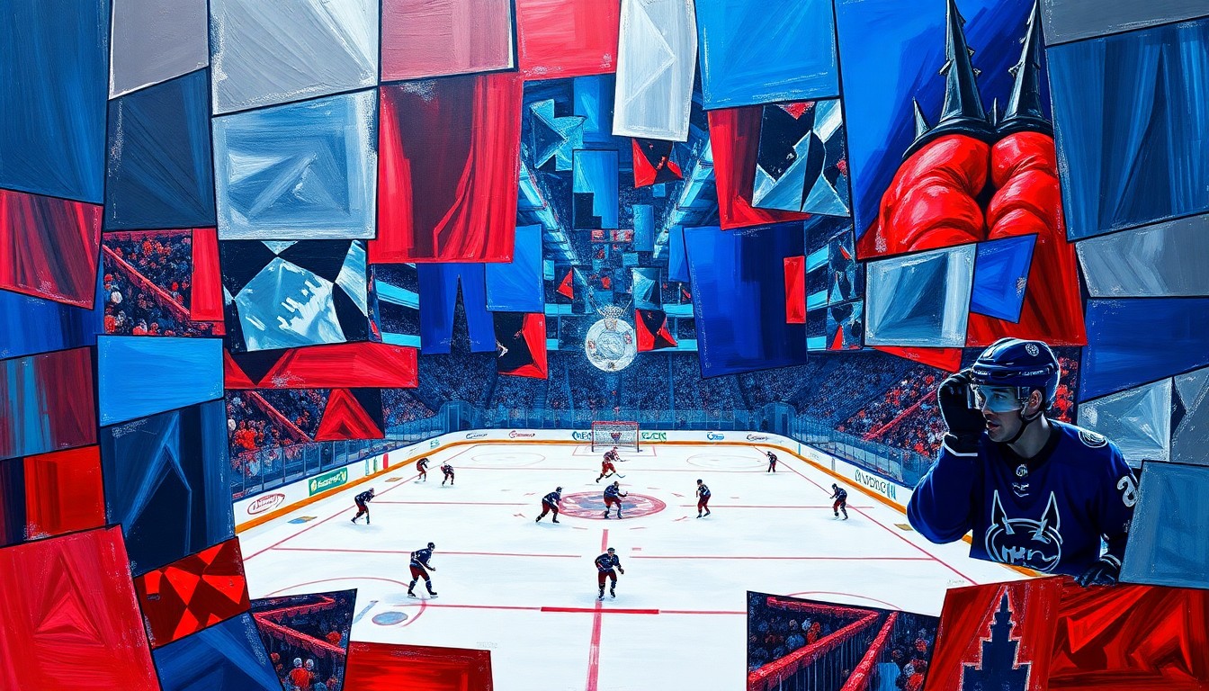 A cubist-style painting featuring sharp, overlapping geometric shapes in vibrant blues, reds, and silvers, conceptually representing the fast-paced action and multiple viewpoints of a hockey game.