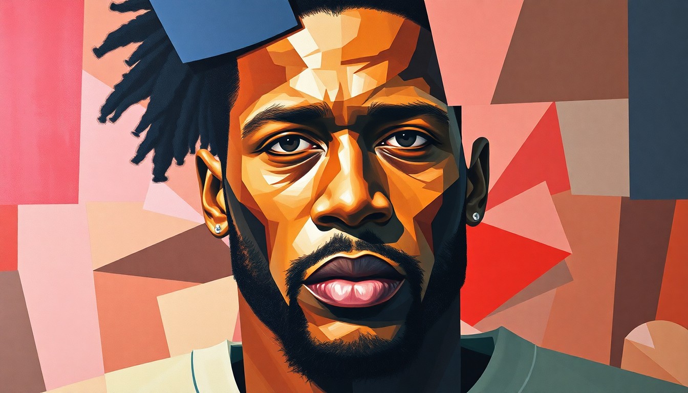 A cubist, geometric painting depicting fragmented, overlapping shapes and planes in shades of blue, green, and orange, conceptually representing the multifaceted journey and lasting impact of Colin Kaepernick's activism.